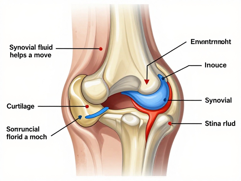 Anatomical illustration identifying synovial fluid, the synovial membrane, cartilage, bone and a ligament in a movable joint